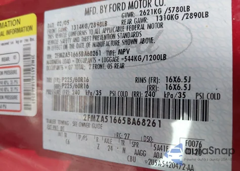 2005 Ford Freestar Se z USA, uszkodzony, nr VIN 2FMZA51665BA68261